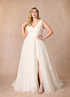 Azazie Joie At-home Try On Dresses Diamond White Champagne A-Line V-Neck Sequins Tulle Dress image8