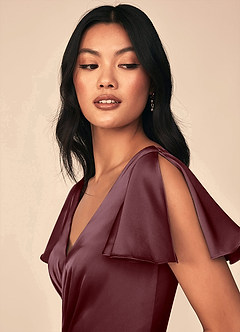 Azazie Soren Bridesmaid Dresses Sangria A-Line Pleated Stretch Satin Dress image6