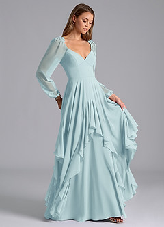 Azazie Karan Bridesmaid Dresses Sea Glass A-Line Long Sleeve Chiffon Dress image4