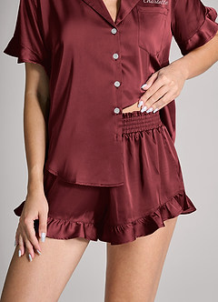 front Matching Color Personalized Embroidered Name Ruffled Short Sleeve Pajama Set