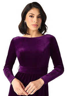 Azazie Brynn Bridesmaid Dresses Grape A-Line Long Sleeve Velvet Dress image3