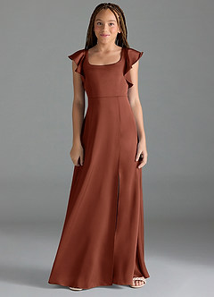 Azazie Bondi Junior Clay A-Line Side Slit Stretch Satin Dress image1