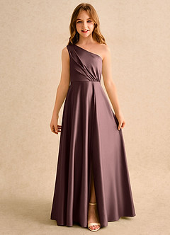 Azazie Puddles Girls Formal Flower Girl Dresses Espresso A-Line One Shoulder Matte Satin Dress image4
