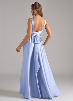 Azazie Kora Essayer des robes à la maison Robe Trapèze en Satin extensible Plissée Bleu Poussiéreux image6