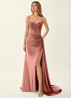 Celestianora Dusty Rose Corset Stretch Satin Mermaid High Slit Prom Dress