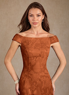 Azazie Moore vestidos de madre de la novia Vestido de Naranja Quemada de Devorado Floral de Corte en A con Cuello de barco image5