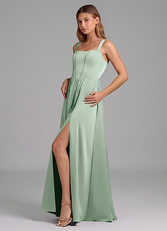 Azazie Rosaline Robes de demoiselle d'honneur Robe Trapèze en Satin extensible Fente Latérale Agave image5