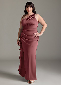 Azazie Latrice Bridesmaid Dresses Amethyst Sheath One Shoulder Cascading Ruffles Stretch Satin Dress image8