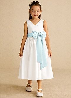 Azazie Darling Flower Girl Dresses Ivory Sea Glass A-Line Bow Cotton Dress image4