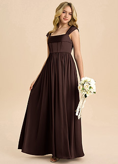 Azazie Hattie Junior Robe Trapèze en Satin extensible Plissée Ganache image6