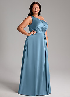 Azazie Brooke Vestidos de damas de honor Vestido de Azul Acero de Satén Elástico de Corte en A con Hombro unilateral image10