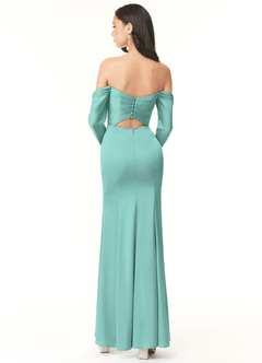 Azazie Hallie Bridesmaid Dresses Aqua Sheath Off-The-Shoulder Long Sleeve Stretch Satin Convertible Dress image3