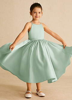 Azazie Sunray Flower Girl Dresses Agave A-Line Spaghetti Strap Matte Satin Dress image2