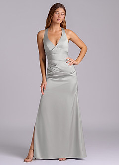 Azazie Amelie Bridesmaid Dresses Silver A-Line Pleated Stretch Satin Dress image5