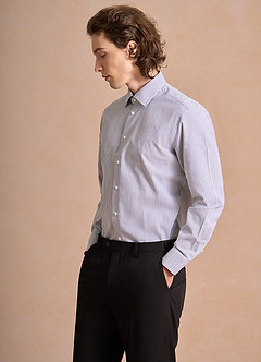 front Aiden Brushed Denim Blue 100% Cotton Non-Iron Striped Dress Shirt