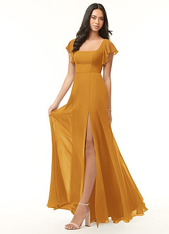 Azazie Bondi Bridesmaid Dresses Butterscotch A-Line Ruffled Chiffon Dress image4