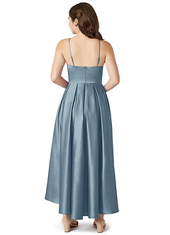Azazie Jemima Junior Dusty Blue A-Line with Pockets Stretch Satin Dress image2