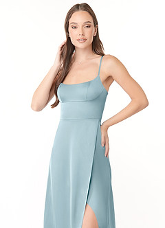 Azazie Halsey Bridesmaid Dresses Moody Blue Sheath Side Slit Stretch Satin Dress image6