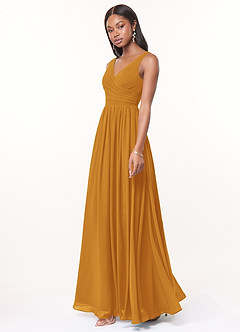 Azazie Keyla Bridesmaid Dresses Butterscotch A-Line V-Neck Pleated Chiffon Dress image3