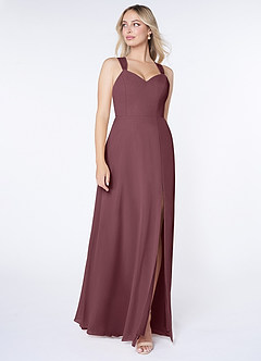 Azazie Jane Robes de demoiselle d'honneur Robe Trapèze en Mousseline de soie Col V plissé Sangria image3
