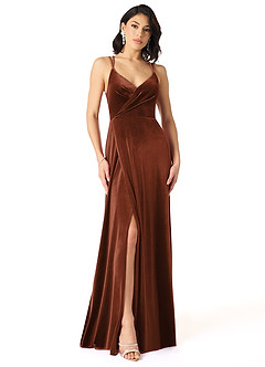 Azazie Hapa Bridesmaid Dresses Terracotta A-Line Lace Velvet Dress image1