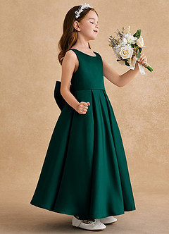 Azazie Honey Bear Flower Girl Dresses Pine A-Line Pleated Matte Satin Dress image2