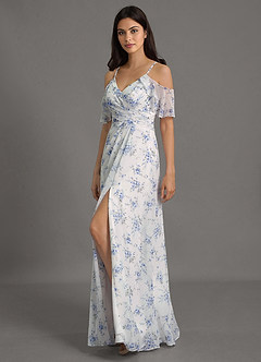 Azazie Dakota Vestidos de damas de honor Vestido de Casa Floral Azul de Gasa de Corte en A con Cuello en V plisado image2