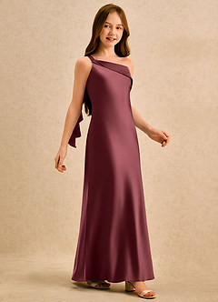 Azazie Almond Girls Formal Robe Demoiselle D'honneur Fillette Robe Fourreau en Satin extensible Une épaule Merlot image5