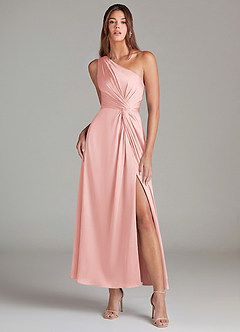 Azazie Brooke Robes de demoiselle d'honneur Robe Trapèze en Satin extensible Une épaule Rose Poudré image1
