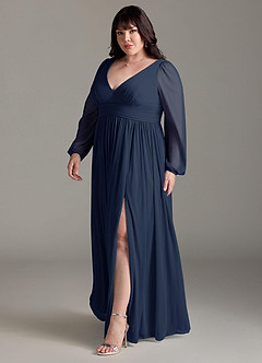 Azazie Norah Bridesmaid Dresses Dark Navy A-Line V-Neck Long Sleeve Chiffon Dress image11