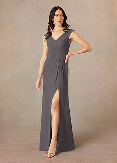 Azazie Sally Abiti per la Madre della Sposa Abito A-Line in Chiffon con Scollo a V a Pieghe Grigio Acciaio image2