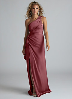 Azazie Maive Bridesmaid Dresses Desert Rose Sheath Ruched Stretch Satin Dress image1