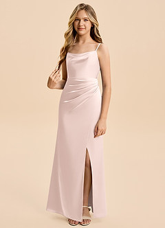 Azazie Christen Junior Vestido de Rosa Rubor de Satén Elástico de Corte en A con Plisado image4