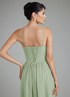 Azazie Alisha At-home Try On Dresses Dusty Sage A-Line Corset Chiffon Dress image10