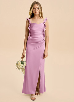 Azazie Jessamine Junior Candy Pink Sheath Ruched Stretch Satin Dress image1