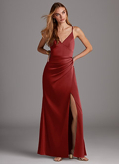 Azazie Shania Bridesmaid Dresses Pomegranate Sheath V-Neck Pleated Stretch Satin Dress image3
