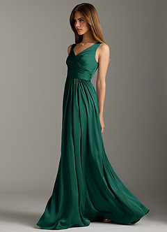 Azazie Keyla Bridesmaid Dresses Emerald A-Line Pleated Stretch Satin Dress image7