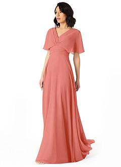 Azazie Pamela Bridesmaid Dresses Salmon Pink A-Line V-Neck Pleated Chiffon Dress image3
