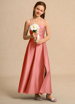 Azazie Pebbles Girls Formal Flower Girl Dresses Salmon Pink A-Line Pleated Matte Satin Dress image6