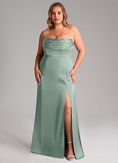 Azazie Saige Bridesmaid Dresses Agave Sheath Off the Shoulder Stretch Satin Dress image11