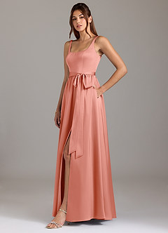 Azazie Elliott Bridesmaid Dresses Coral A-Line with Pockets Stretch Satin Dress image4