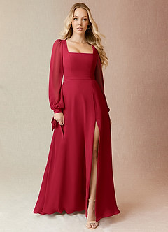 Azazie Leonia Bridesmaid Dresses Scarlet A-Line Long Sleeve Chiffon Dress image3