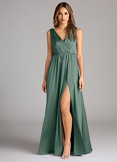Azazie Tanicia Bridesmaid Dresses Eucalyptus A-Line Pleated Stretch Satin Dress image1