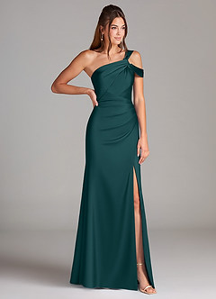 Azazie Wynter Bridesmaid Dresses Pine Sheath Off the Shoulder Stretch Satin Dress image4