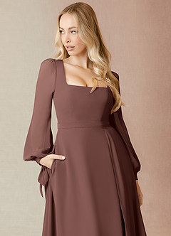 Azazie Leonia Bridesmaid Dresses Espresso A-Line Long Sleeve Chiffon Dress image10