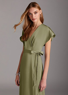 Azazie Nico Bridesmaid Dresses Pistachio A-Line V-Neck Stretch Satin Dress image6