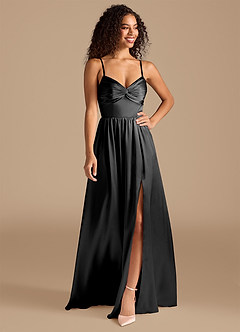 Azazie Zeya Bridesmaid Dresses Black A-Line Pleated Metallic Satin Dress image1