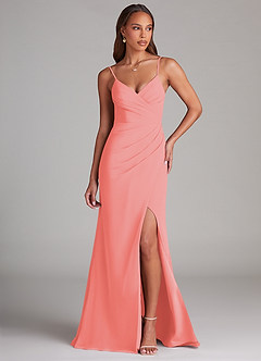 Azazie Maci Bridesmaid Dresses Coral Sheath Pleated Chiffon Dress image1