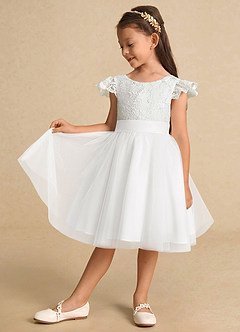 Azazie Vetty Flower Girl Dresses Ivory White A-Line Lace Tulle Dress image4