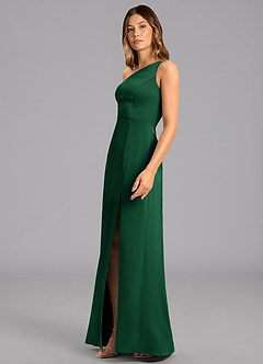 Azazie Phaedra Bridesmaid Dresses Dark Green A-Line One Shoulder Stretch Satin Dress image5